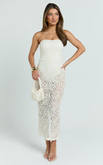 Emilee Midi Dress - Strapless Jersey Bodysuit Sheer lace Column Dress in White