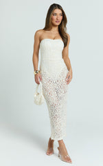 Emilee Midi Dress - Strapless Jersey Bodysuit Sheer lace Column Dress in White