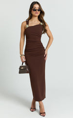 Emilia Midi Dress - Asymmetrical Neck Bodycon Dress in Brown