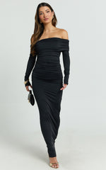 Emilie Maxi Dress - Off Shoulder Long Sleeve Ruched Jersey Dress in Black
