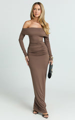 Emilie Maxi Dress - Off Shoulder Long Sleeve Ruched Jersey Dress in Dark Brown