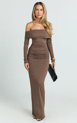 Emilie Maxi Dress - Off Shoulder Long Sleeve Ruched Jersey Dress in Dark Brown