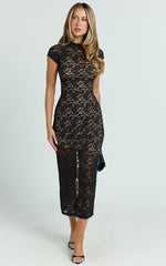 Emma Midi Dress - Lace Cap Sleeve Bodycon Dress in Black