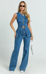 Emman Jeans - High Waisted Cotton Wide Leg Denim Jeans in Dark Blue Wash