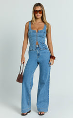 Emman Jeans - High Waisted Cotton Wide Leg Denim Jeans in Mid Blue