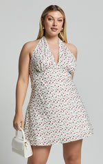 Emmett Mini Dress - Tie Halter Neck Low Back Dress in White Floral