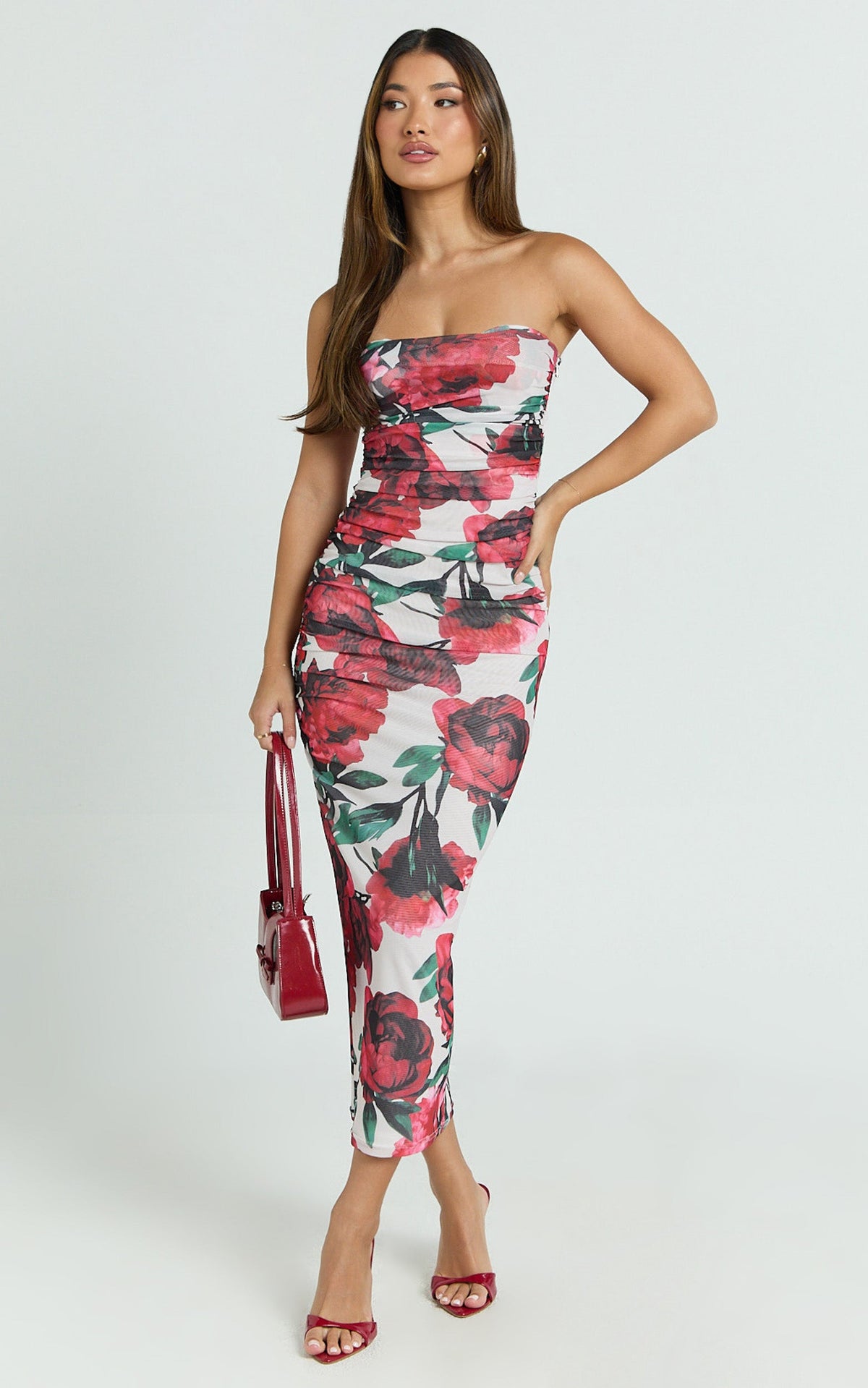 Enid Midi Dress - Sweetheart Neck Ruched Bodycon Dress in Rose Blanca