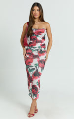 Enid Midi Dress - Sweetheart Neck Ruched Bodycon Dress in Rose Blanca