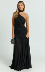Enya Maxi Dress - One Shoulder Neck Tie Ruched High Split Dress in Black