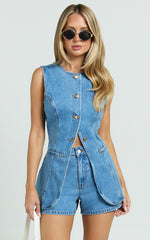 Erin Shorts - High Rise Denim Shorts in Mid Blue Wash