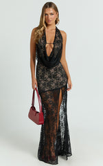 Esmeralda Maxi Dress - Low Cowl Halter Lace Fit And Flare Dress in Black