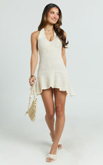 Estella Mini Dress - Scooped V Halter Drop Waist Frill Hem Skirt in Ivory
