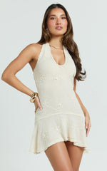 Estella Mini Dress - Scooped V Halter Drop Waist Frill Hem Skirt in Ivory