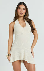Estella Mini Dress - Scooped V Halter Drop Waist Frill Hem Skirt in Ivory