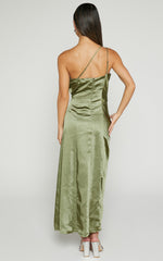 Estelle Midi Dress - One Shoulder Thigh Split Dress in Olive