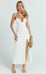 Estelle Midi Dress - Beaded Scallop Neck Split Leg Dress in Off White
