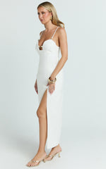 Estelle Midi Dress - Beaded Scallop Neck Split Leg Dress in Off White