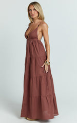 Eugene Maxi Dress - Beaded Strap Tiered Maxi Dress in Brown