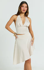 Eugenia Midi Skirt - Mid Waisted Asymmetric Satin Skirt in Cream