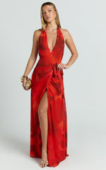Eva Maxi Dress - Plunge Halter Wrap Dress in Abstract Adeana Print