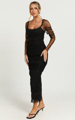 Evelyn Midi Dress - Long Sleeve Shirred Tulle Dress in Black Polka