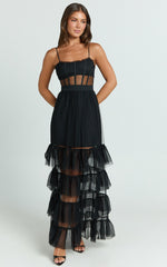 Evelynn Midi Dress - Sweetheart Corset Bodice Fit & Flare Tiered in Black
