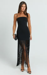 Evie Maxi Dress - Crepe Fringed Shift Dress in Black