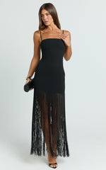 Evie Maxi Dress - Crepe Fringed Shift Dress in Black