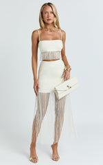 Evie Two Piece Top and Skirt Set - Fringed Micro Top And Tiered Fringed Mini Skirt in Ivory