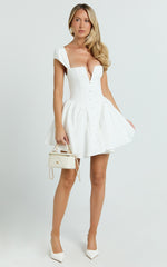 Fabia Mini Dress - Cap Sleeve Square Neck Fit And Flare Dress in White