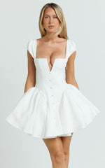 Fabia Mini Dress - Cap Sleeve Square Neck Fit And Flare Dress in White