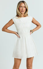 Faith Mini Dress - Sleeveless Ruched Bodice Dress in White