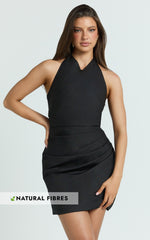 Felicity Mini Dress - Poplin Cowl Halter Gathered Dress in Black