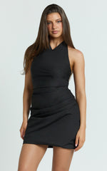 Felicity Mini Dress - Poplin Cowl Halter Gathered Dress in Black
