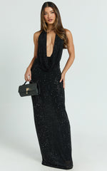 Felix Maxi Dress - Low Cowl Neck Bodycon Tie Back Dress in Black