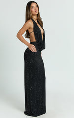 Felix Maxi Dress - Low Cowl Neck Bodycon Tie Back Dress in Black
