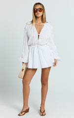 Felix Mini Dress - Front Tie Bishop Sleeve Dress in White