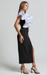 Fergie Midi Dress - Strapless 3D Floral Thigh Split Dress in Black and White