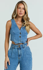 Fergie Top - Denim Crop Vest Top in Mid Blue Wash