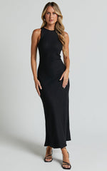 Fernley Midi Dress - Linen Racer Neck Slip Dress in Black