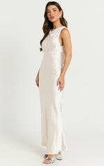 Fheliz Midi Dress - Satin Open Back Dress in Oyster