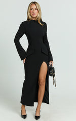 Finley Midi Dress - High Neck Long Sleeve Leg Split Bodycon Dress in Black
