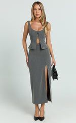 Fiona Midi Skirt - Pinstripe Bodycon Side Leg Split Workwear Skirt in Dark Grey
