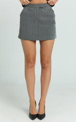 Fiona Mini Skort - Pinstripe Waistband Fly Front Fitted Skirt in Dark Grey