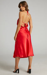 Florentina Midi Dress - Twist Front Open Tie Back Dress in Red
