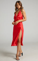 Florentina Midi Dress - Twist Front Open Tie Back Dress in Red