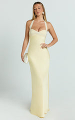 Flynn Maxi Dress - Satin Halter Sweetheart Neck Dress in Butter Yellow