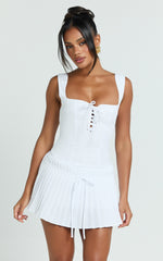 Fraida Mini Dress - Lace Front Dropped Waist Pleated Dress in White