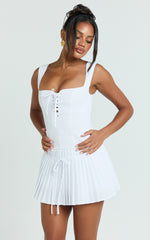 Fraida Mini Dress - Lace Front Dropped Waist Pleated Dress in White