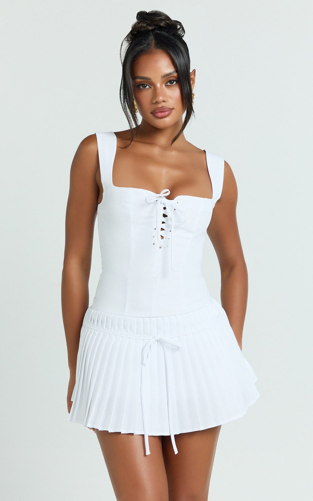 Fraida Mini Dress - Lace Front Dropped Waist Pleated Dress in White